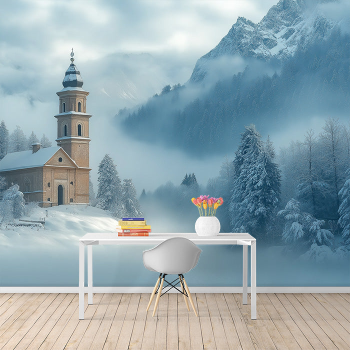 Papier peint mural d'une église enneigée dans les montagnes | Église bleue, blanche et marron