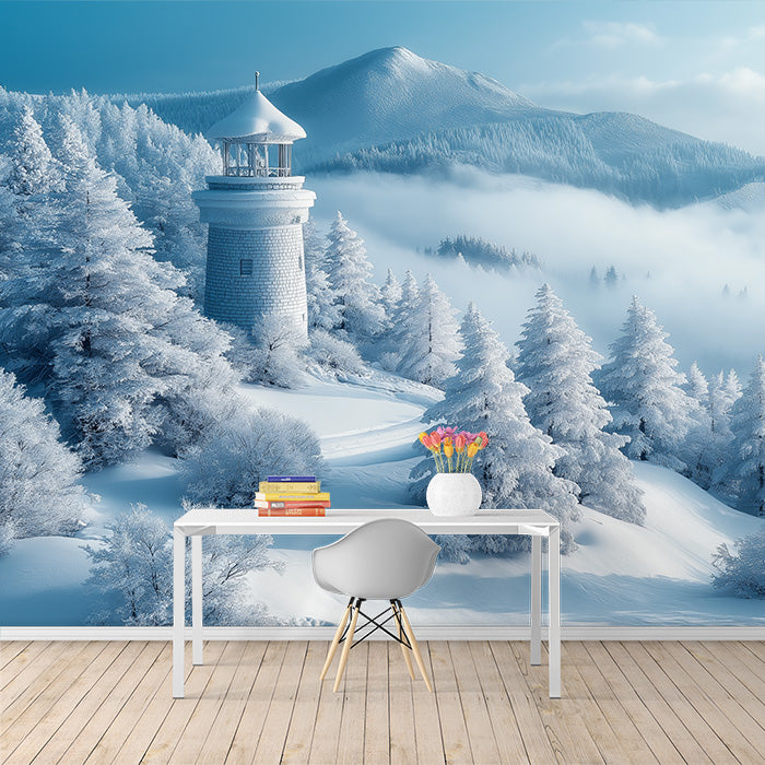 Snowy Lighthouse in Mountains Mural Wallpaper in a study | Blue, White and Gray House