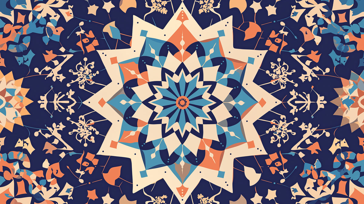 Papel tapiz mural con intrincado patrón de mandala | Azul, Naranja, Beige y Azul Oscuro