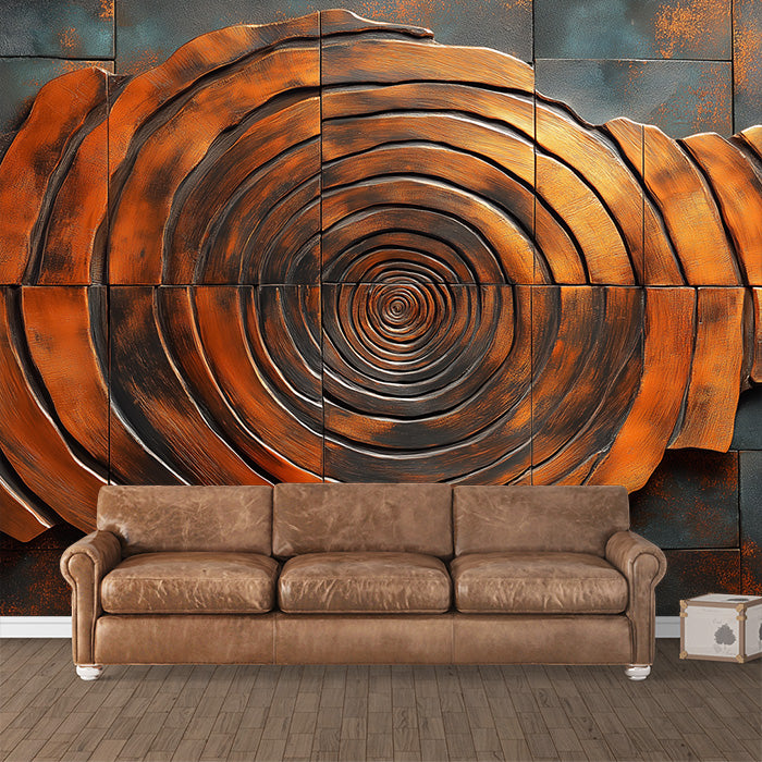 Papier peint mural en spirale à grain de bois rustique | Marron, noir et orange