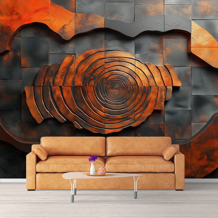 Papier peint mural rustique en cuivre et bois | Métal orange, noir et marron