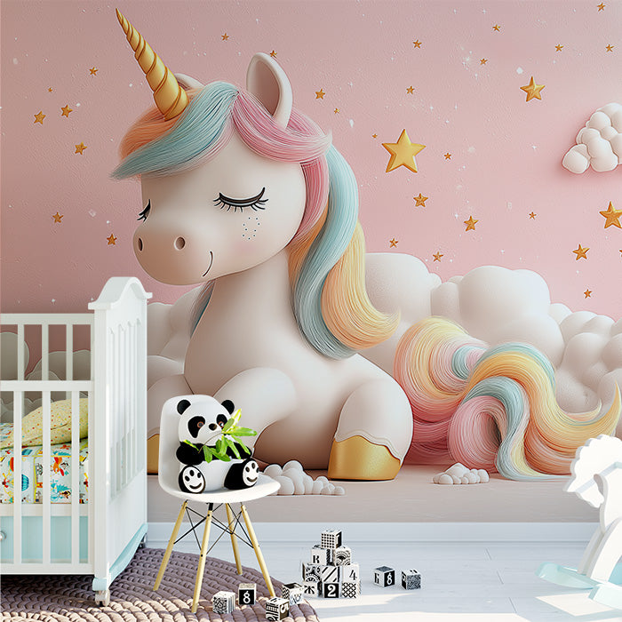 Carta da parati murale con un unicorno sognante tra le nuvole | Unicorno rosa, bianco, oro e blu