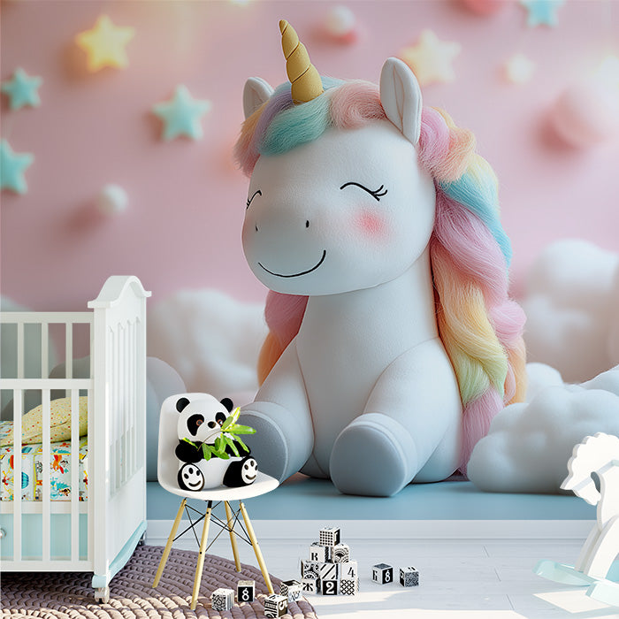 Cheerful Unicorn with Starry Background Mural Wallpaper | Pink, White, Yellow and Blue Unicorn