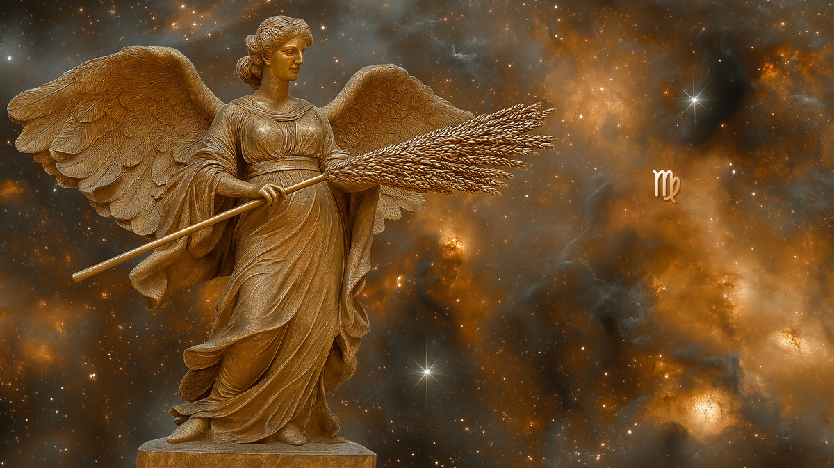 Carta da parati murale zodiacale della Vergine | Angelo d'oro con grano in un cielo stellato cosmico