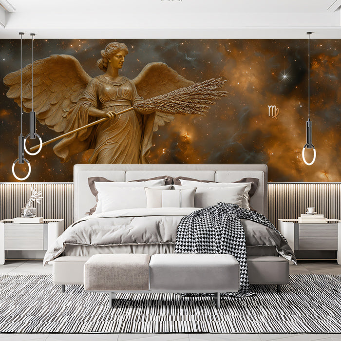 Papel tapiz mural zodiacal de Virgo | Ángel dorado con trigo en el campo estelar cósmico