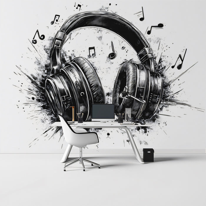 Papier peint mural de musique | Casques explosifs avec des notes volantes dans un croquis au stylo
