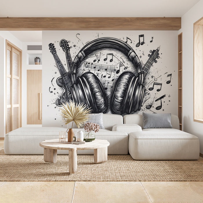 Music Mural Wallpaper | Flowing Headphones and Musical Notes in Line Art Style