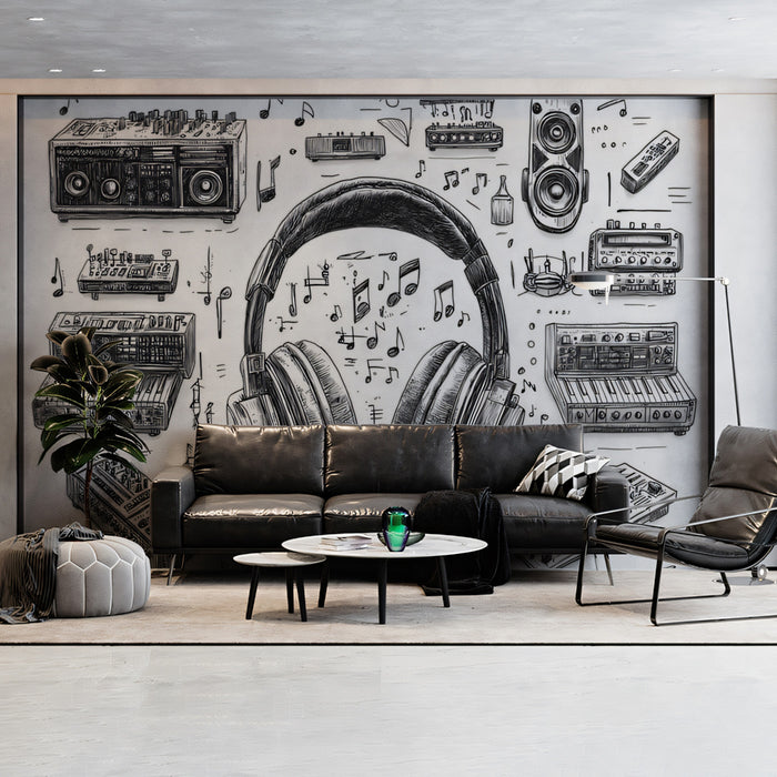 Music Mural Wallpaper | Hand-Drawn Headphones and Retro Synth Illustrations in Black & White