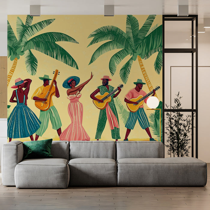 Carta da parati murale di danza tropicale | Vibrazioni retro caraibiche con palme e musicisti