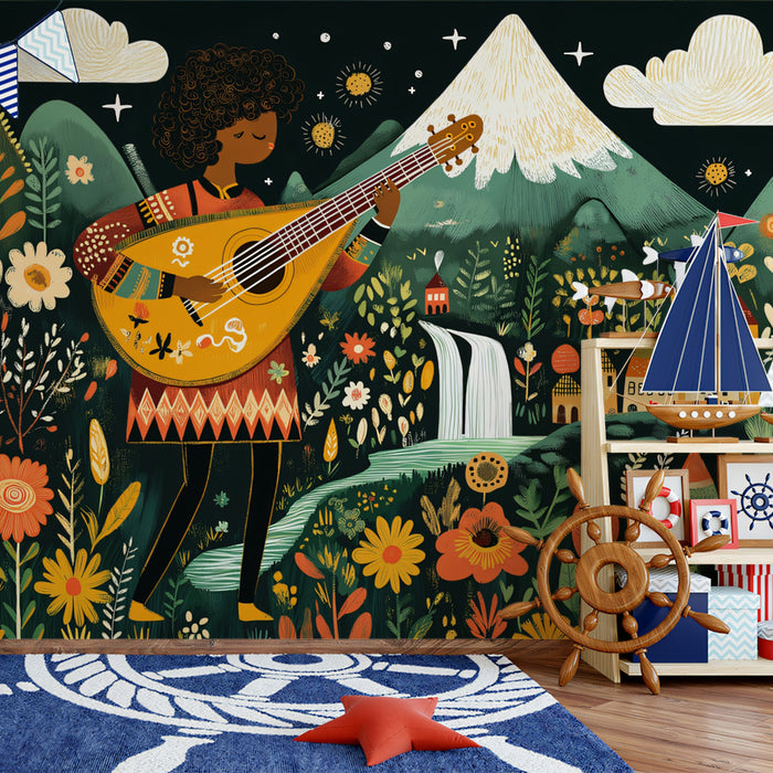 Art populaire Musique Murale Papier peint | Joueur de guitare fantaisiste dans un village de montagne fleuri