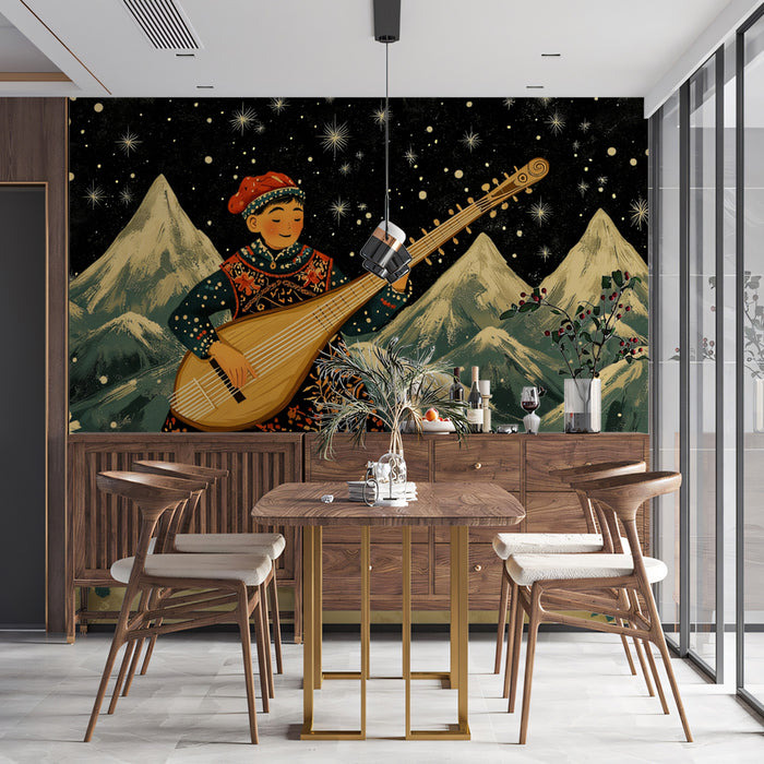 Folk Music Mural Wallpaper | Mountain Night Sky and Child Playing Lute