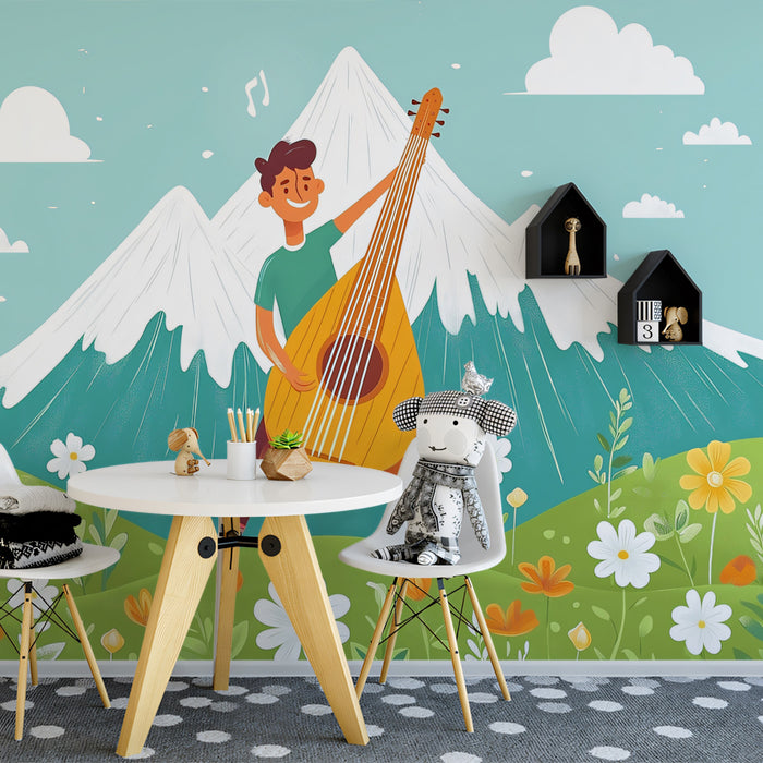 Musical Mural Wallpaper | Boy Playing Lute in a Sunny Flower Meadow