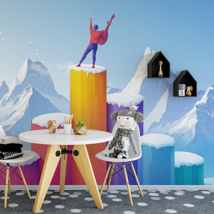Dream Mountain Mural Wallpaper | Guitarist on Rainbow Peaks and Snowy Summits