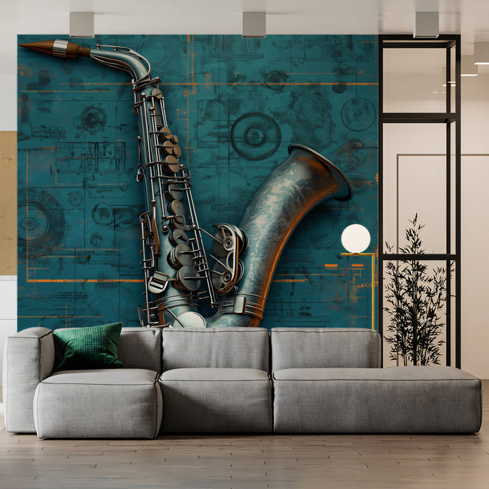 Papier peint mural d'instruments de jazz | Saxophone industriel avec texture de plan