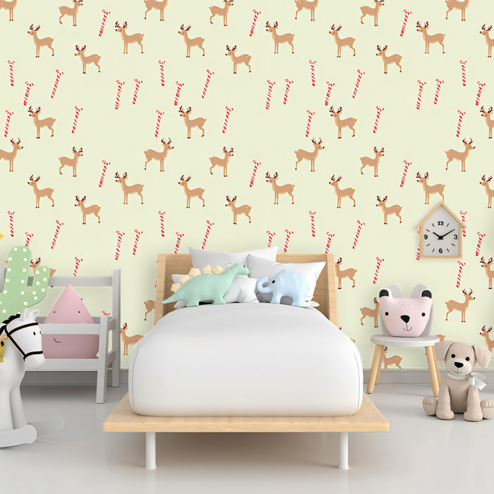 Scattered Reindeer and Candy Cane Pattern Wallpaper | Minimalist Christmas, Pastel Cream Background