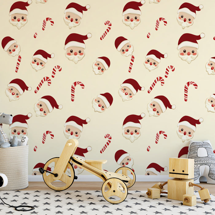 Floating Santa Head and Candy Cane Pattern Wallpaper | Cute Christmas Faces, Cream Background, Large Scale