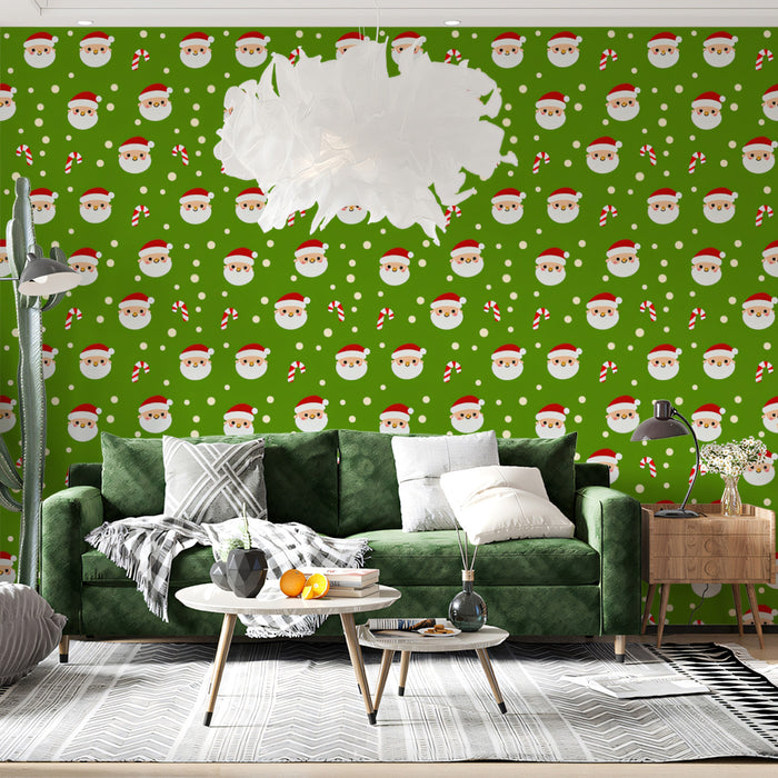 Tightly Packed Santa Head Dot Pattern Wallpaper | Classic Christmas Green, Repeating Grid, Festive