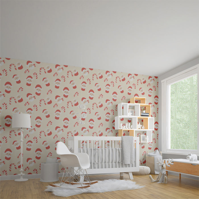 Small-Scale Santa and Candy Cane Diagonal Pattern Wallpaper | Minimalist, Cream Background, Subtle Christmas