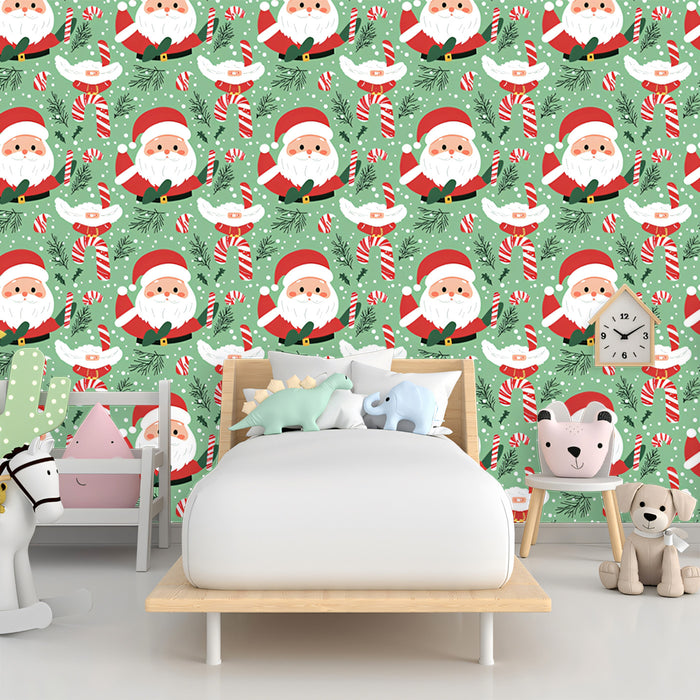 Full-Body Santa and Candy Stripe Pattern Wallpaper | Vibrant Green Background, High Density, Traditional