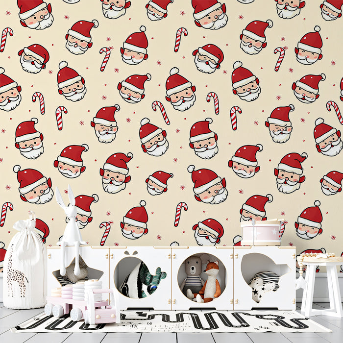 Dense Santa Head and Candy Cane Repeat Wallpaper | Hand-Drawn Style, Warm Cream Background, Bold Lines