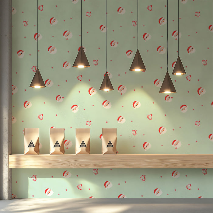 Minimalist Santa Head and Candy Swirl Pattern Wallpaper | Soft Mint Green Background, Delicate Design