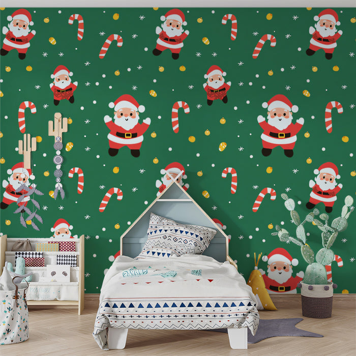 Cartoon Santa and Candy Cane Scatter Pattern Wallpaper | Emerald Green Background, Playful, Multi-Scale