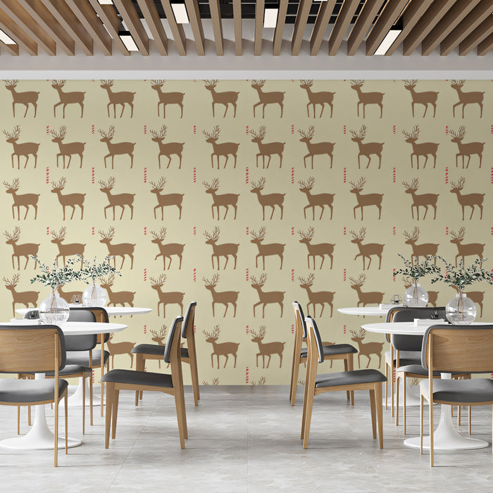 Bold Reindeer and Candy Cane Grid Wallpaper | Uniform Repeat, Warm Cream Background, Clear Line Art