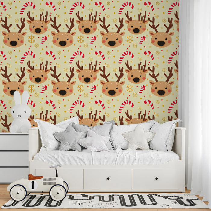 Cute Reindeer Head and Snowflake Pattern Wallpaper | Cheerful Christmas Faces, Yellow Background, Playful