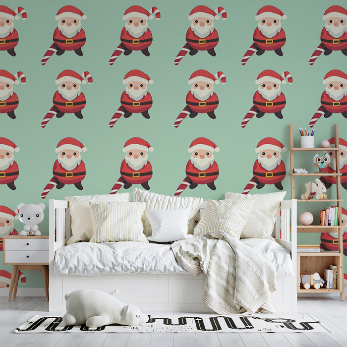Full Santa and Candy Cane Grid Wallpaper | Mint Green Background, Cute Character Repeat, Orderly Festive