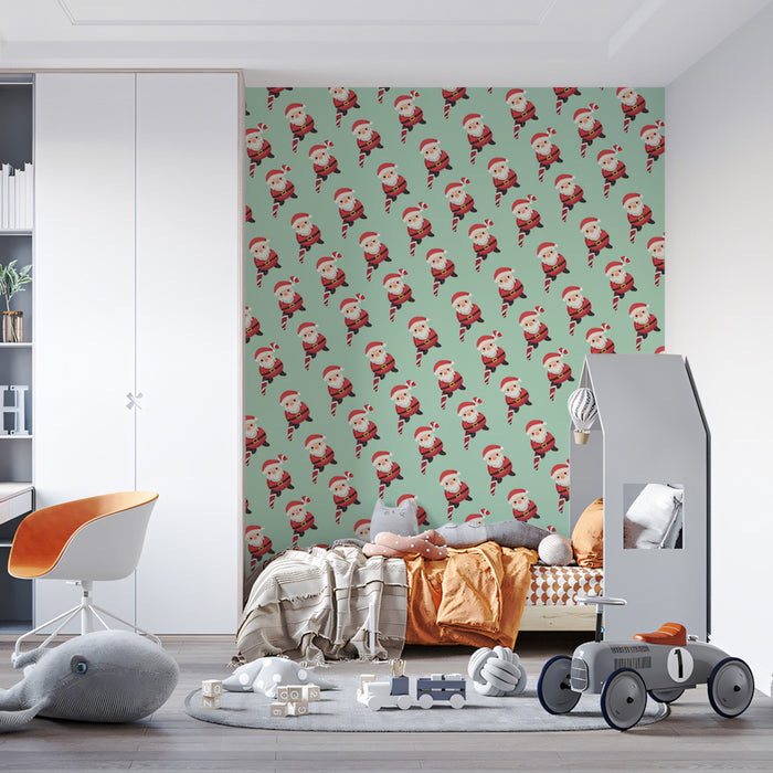 Dense Mini Santa and Candy Cane Pattern Wallpaper | High-Density Repeat, Diagonal Flow, Soft Mint