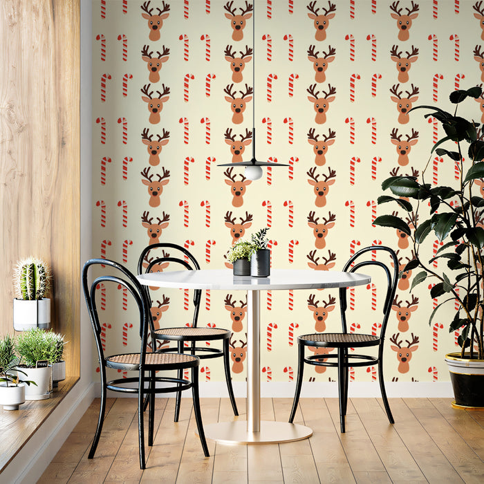 Tightly Packed Reindeer and Candy Cane Grid Wallpaper | Warm Cream Background, Neutral-Toned Motif, Playful