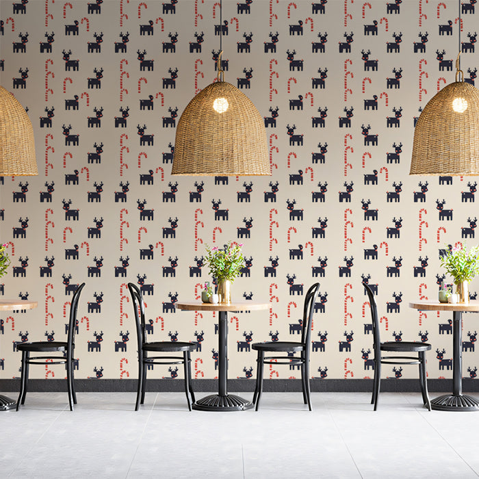 Pixelated Reindeer and Candy Cane Pattern Wallpaper | 8-Bit Retro Christmas, High Contrast, Modern