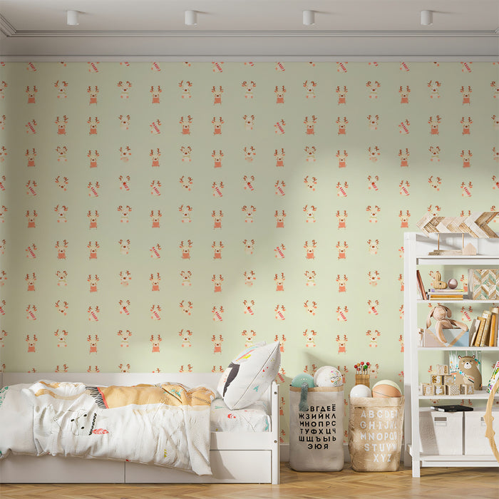 Micro Reindeer and Candy Cane Pattern Wallpaper | Ultra-Fine Repeat, Pastel Green Background, Subtle