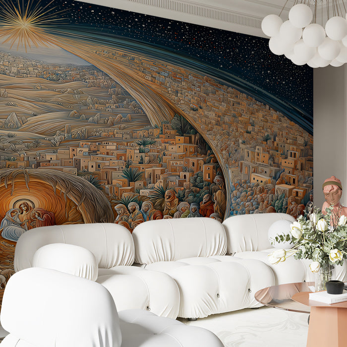 Panoramic Nativity Mural Wallpaper | Curving Composition, Grand Scale, Highly Detailed Town
