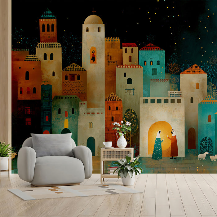 Stylized Bethlehem Night Mural Wallpaper | Medieval Townscape, Starry Night, Warm Entry Scene