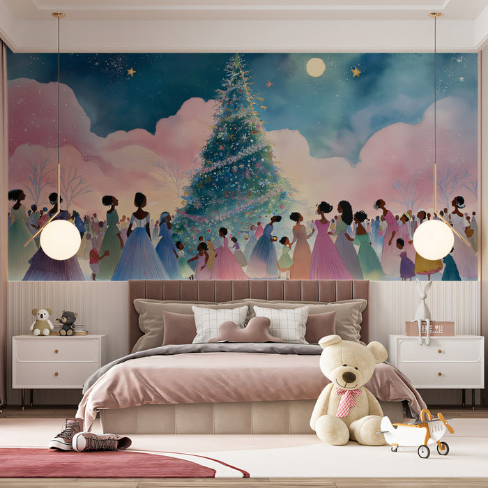 Watercolor Christmas Ball Scene Mural Wallpaper | Pink and Blue Hues, Elegant Figures, Dreamlike Snowscape