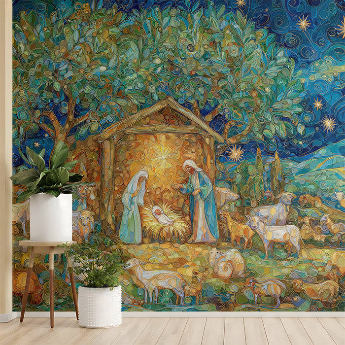 Mosaic Nativity and Starry Night Mural Wallpaper | Textured Art, Blue/Gold Color Palette, Lush Landscape