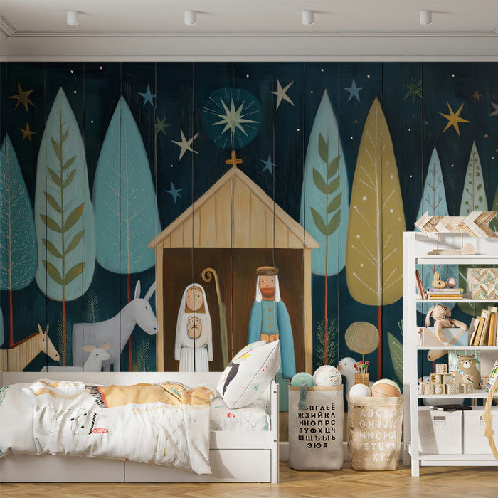 Mid-Century Modern Nativity Mural Wallpaper | Stylized Trees, Geometric Figures, Teal and White Palette