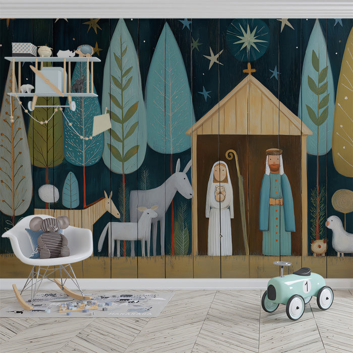 Mid-Century Modern Nativity Mural Wallpaper | Stylized Trees, Geometric Figures, Teal and White Palette