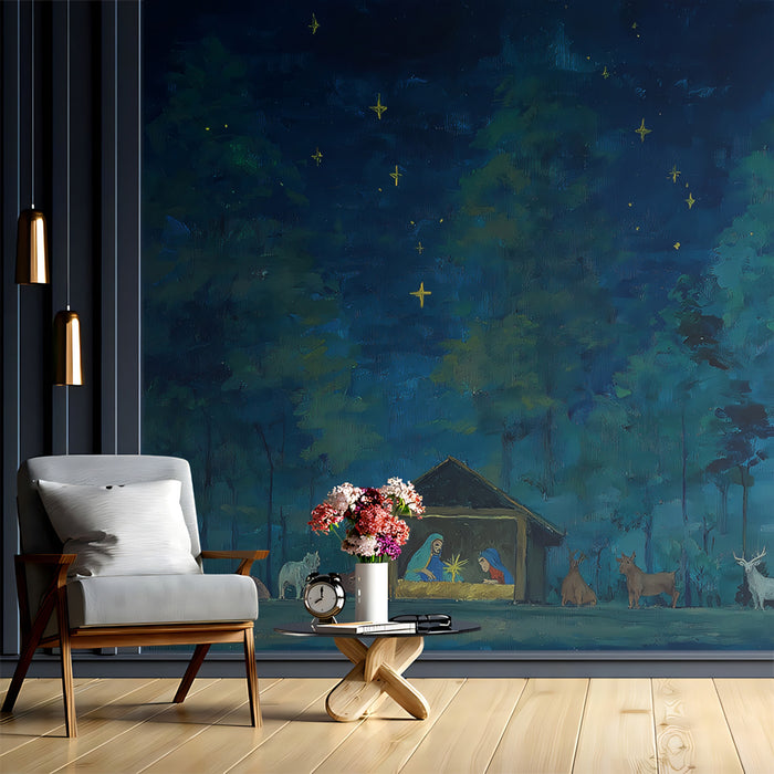 Forest Nativity Oil Sketch Mural Wallpaper | Impressionistic Trees, Deep Blue Night, Romantic Glow