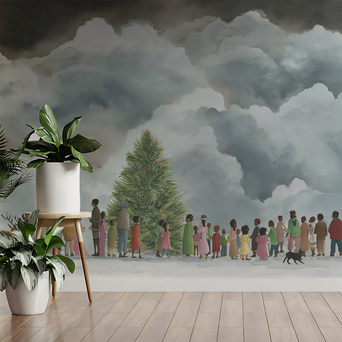 Snowy Christmas Gathering Mural Wallpaper | Figurative Art, Huge Clouds, Warm Colors, Community Theme