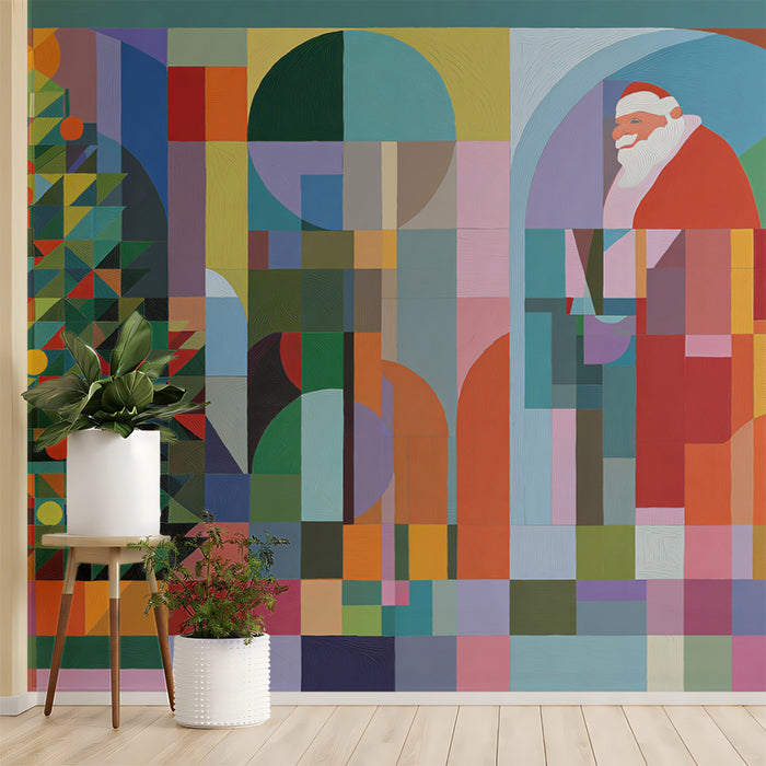 Geometric Christmas and Santa Abstract Mural Wallpaper | Mid-Century Modern Cubism, Color Block, Graphic
