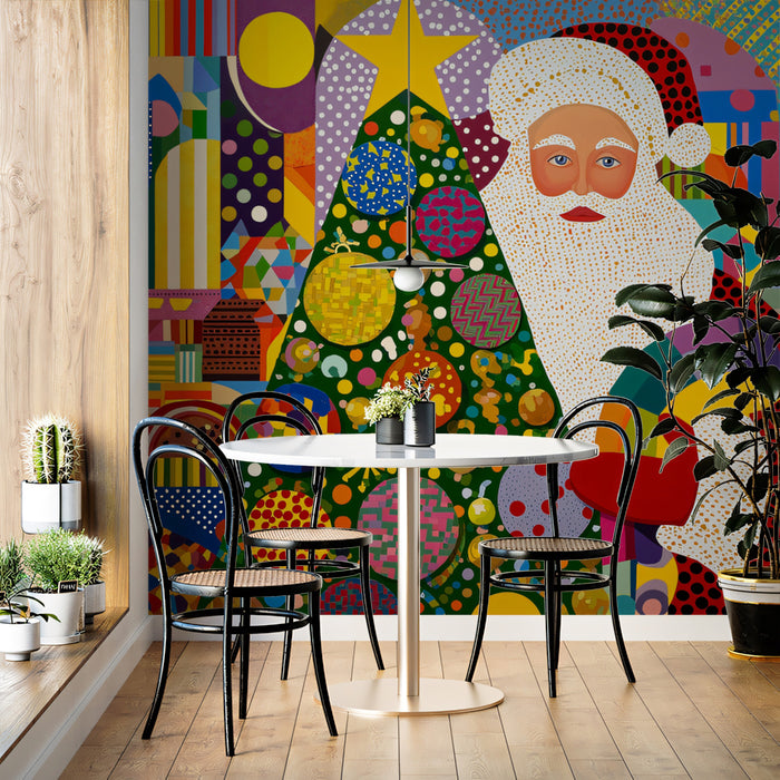 Pop Art Santa and Cityscape Mural Wallpaper | Maximalist Color Blocks, New York Style, Graphic Christmas