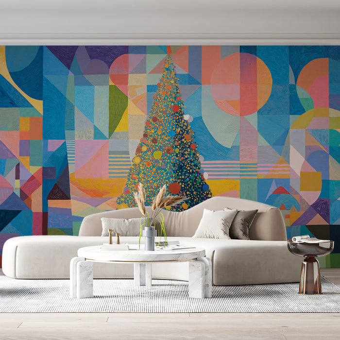 Abstract Geometric Christmas Tree Mural Wallpaper | Color Field Cubism, Intense Primary Palette, Festive Art