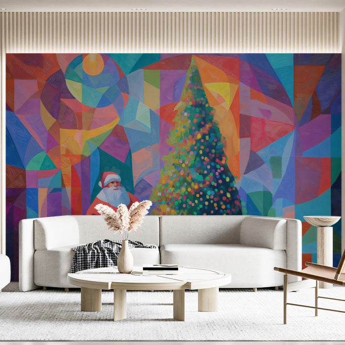 Cubist Santa and Christmas Tree Mural Wallpaper | Textured Painting, Warm and Cool Color Blocks, Dramatic