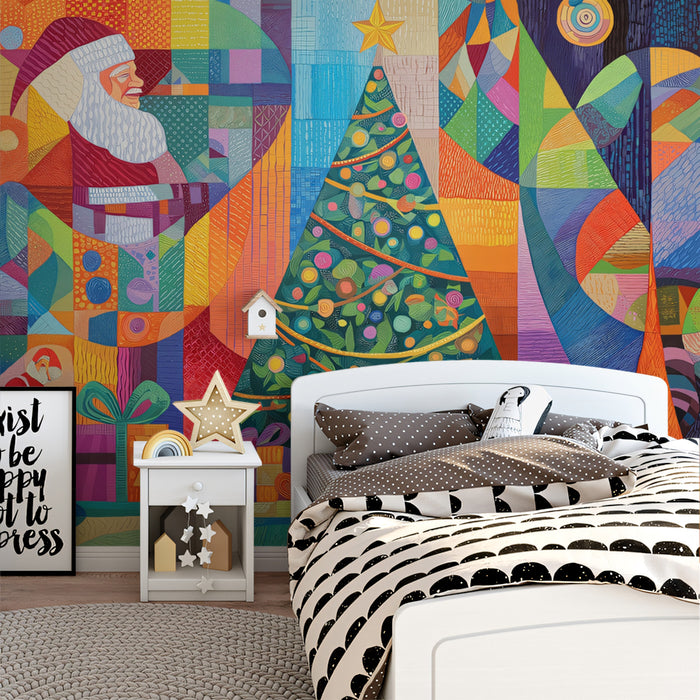 Textured Geometric Christmas Tableau Mural Wallpaper | Kaleidoscope of Color, Patterned Abstract Art
