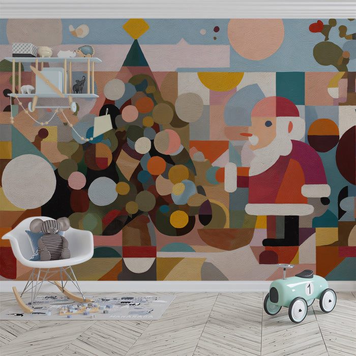 Abstract Santa and Tree Mural Wallpaper | Color Block Cubism, Pastel and Earthy Hues, Minimalist Festive
