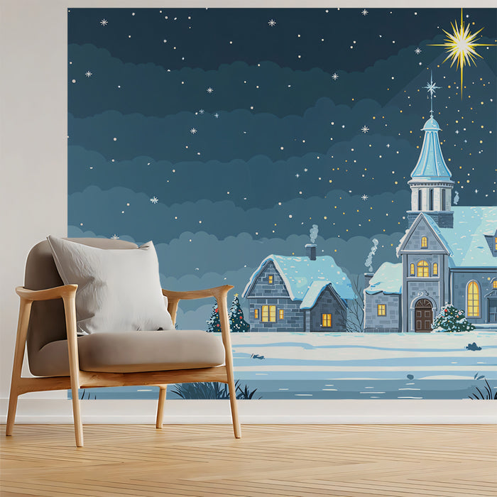 Classic Snowy Village Night Mural Wallpaper | Vector Illustration, Bethlehem Star, Blue and White Contrast