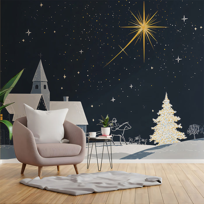 Minimalist Snowy Village and Star Mural Wallpaper | High Contrast, Graphic Art, Midnight Blue Palette