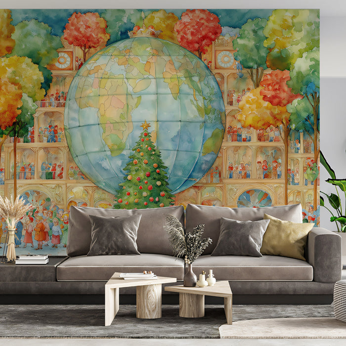 Watercolor Global Christmas Mural Wallpaper | World Globe Focus, Festive Crowd, Lush Trees, International Theme